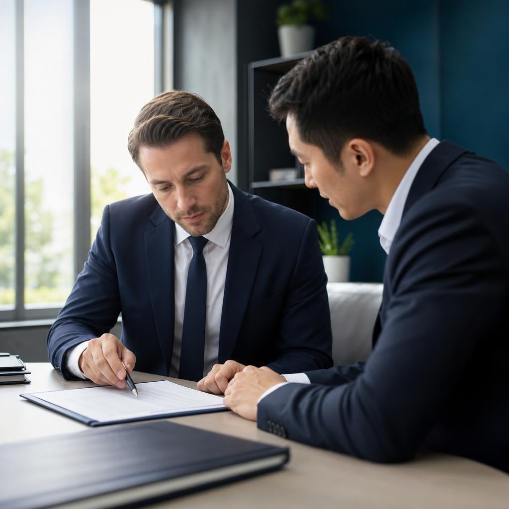 Trademark attorneys reviewing legal documents in a consultation